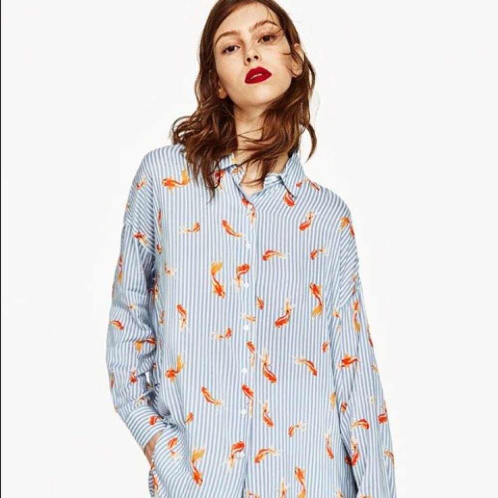 ZARA Oversized Striped shirt with fish printed